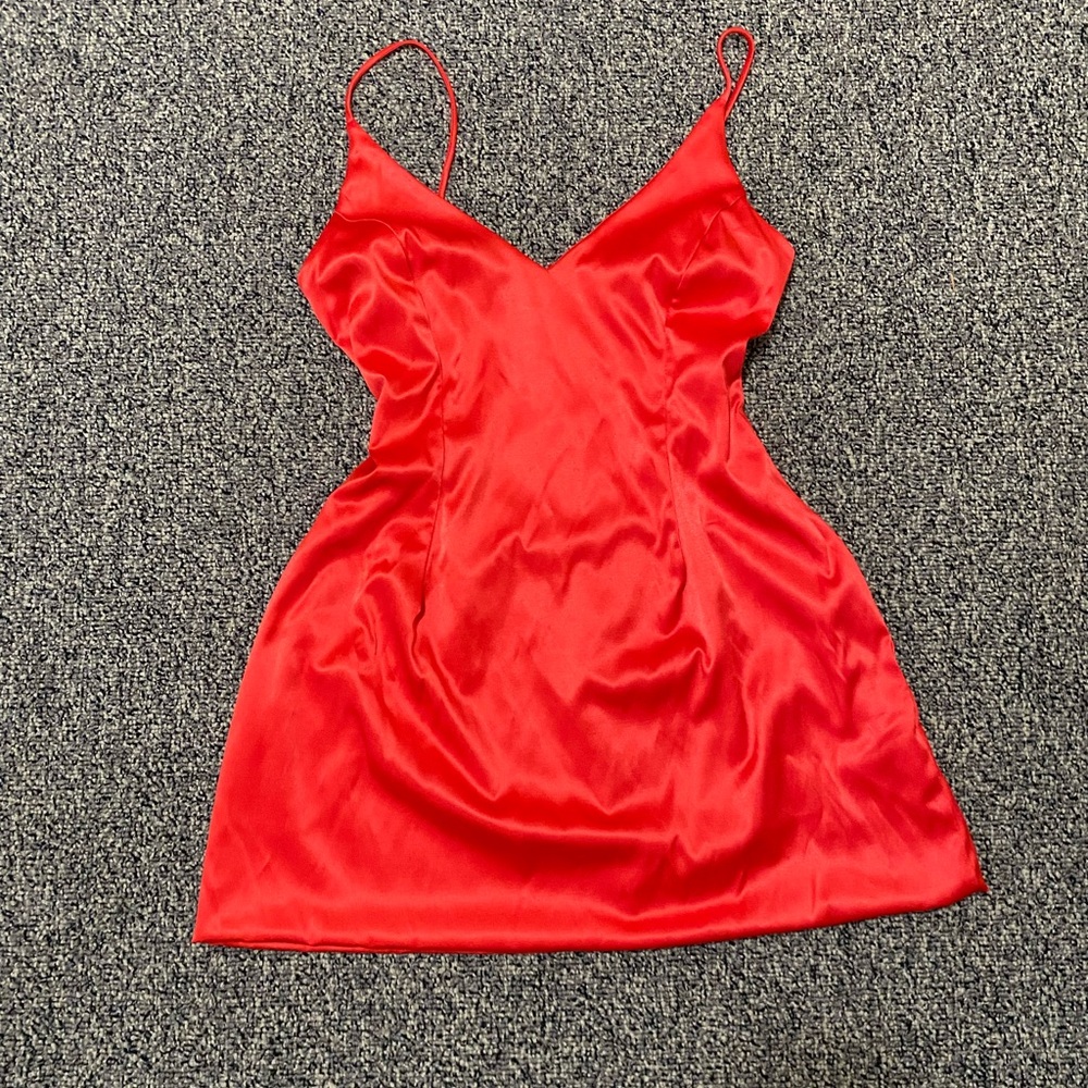 Women’s Red Satin Mini Dress V Plunge neckline LUX LA tight waist strappy dance